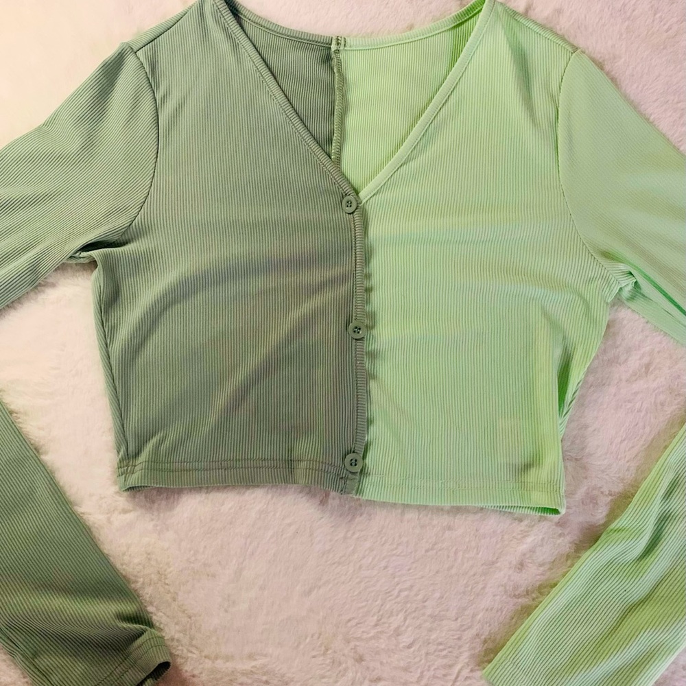 Split Green Faux Button Crop Top